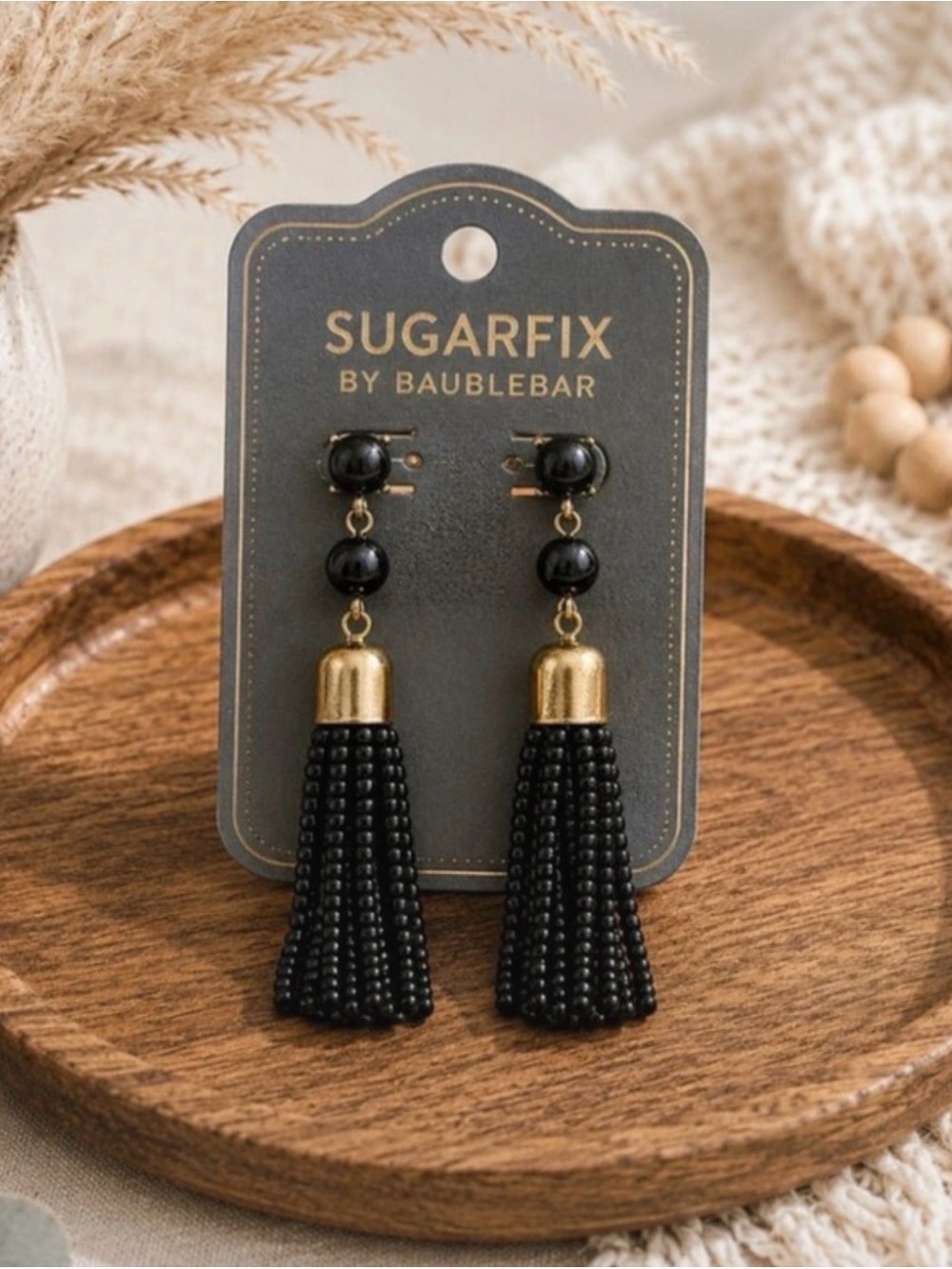 SUGARFIX by BaubleBar Black Beaded Tassel Drop Earrings NWT